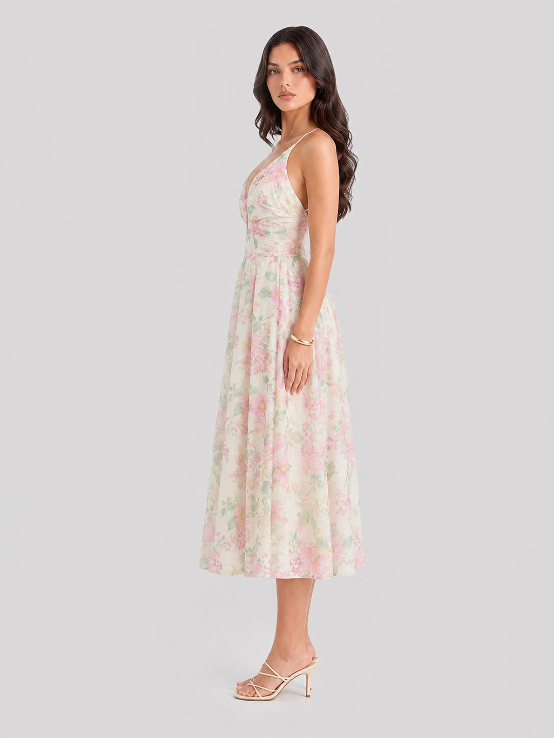 Watercolor Floral Plunge Midi Dress