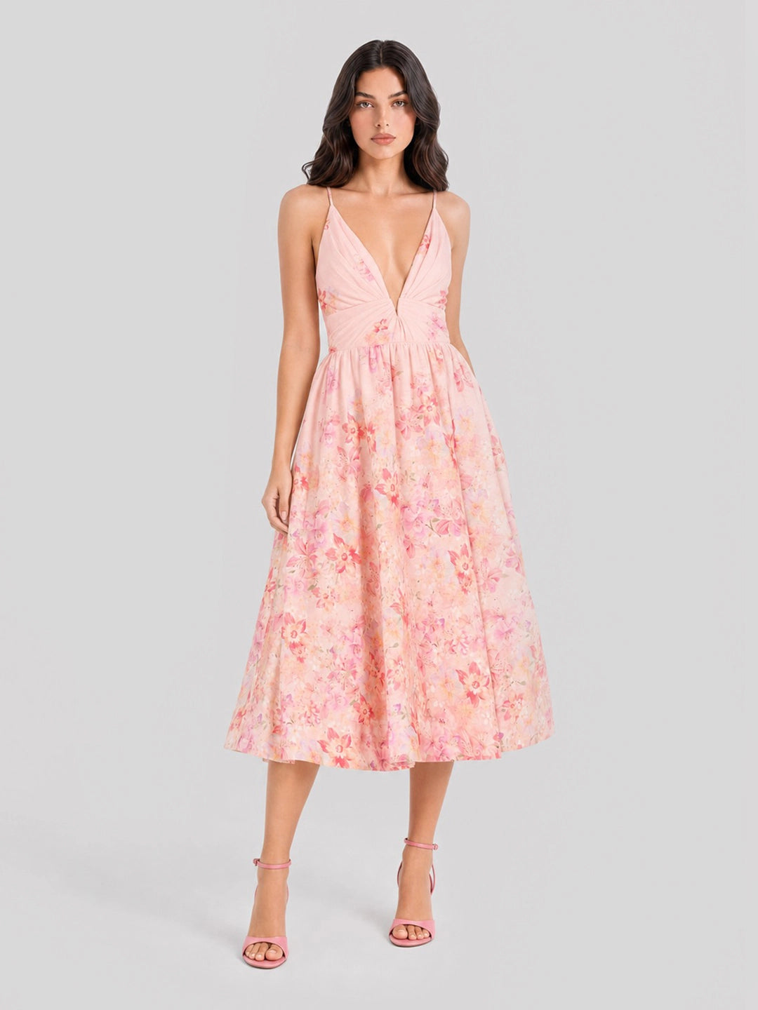 Watercolor Floral Plunge Midi Dress