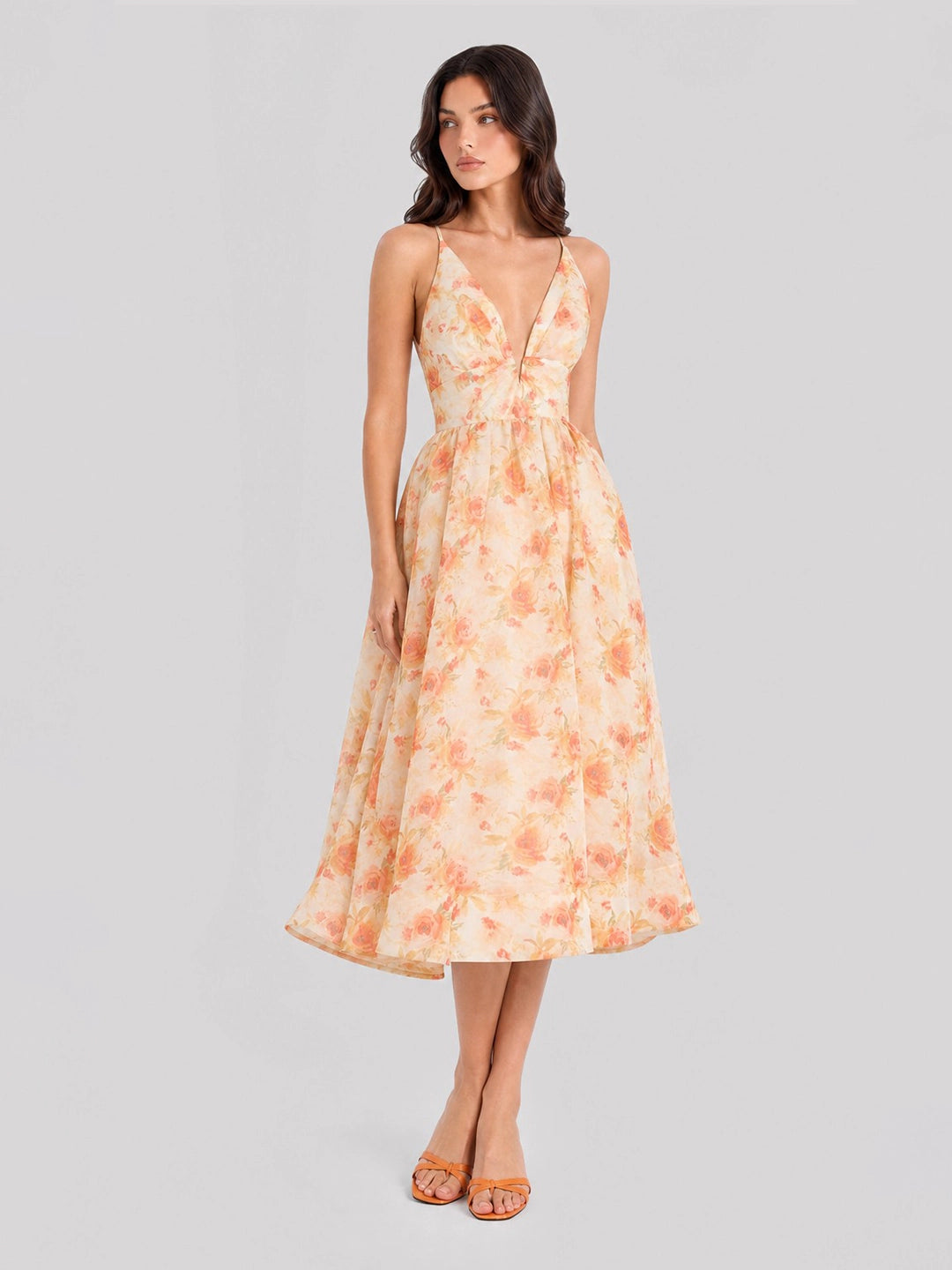 Watercolor Floral Plunge Midi Dress