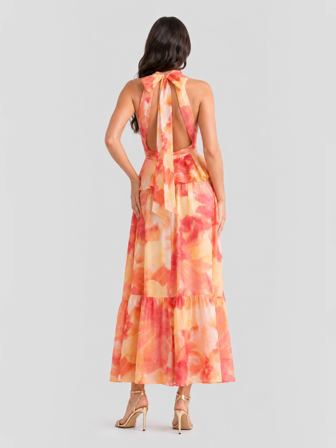 Watercolor Halterneck Open Back Maxi Dress