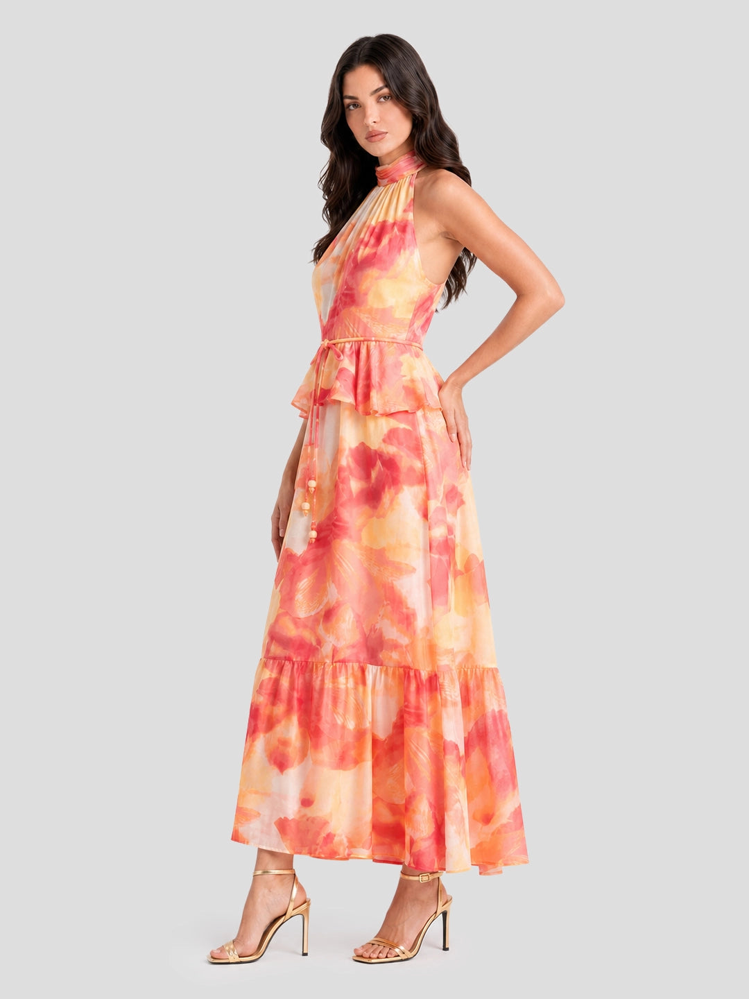Watercolor Halterneck Open Back Maxi Dress