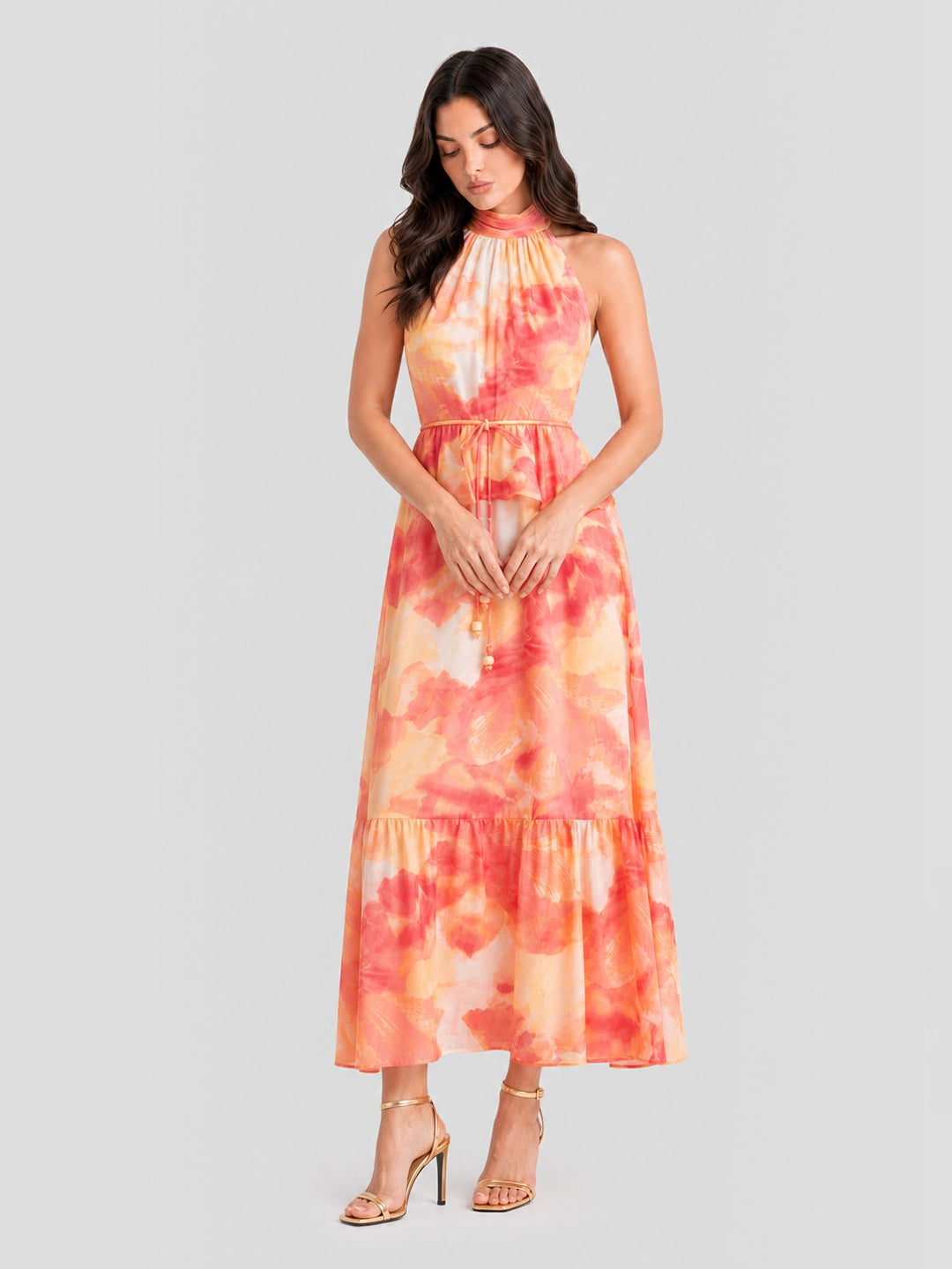 Watercolor Halterneck Open Back Maxi Dress