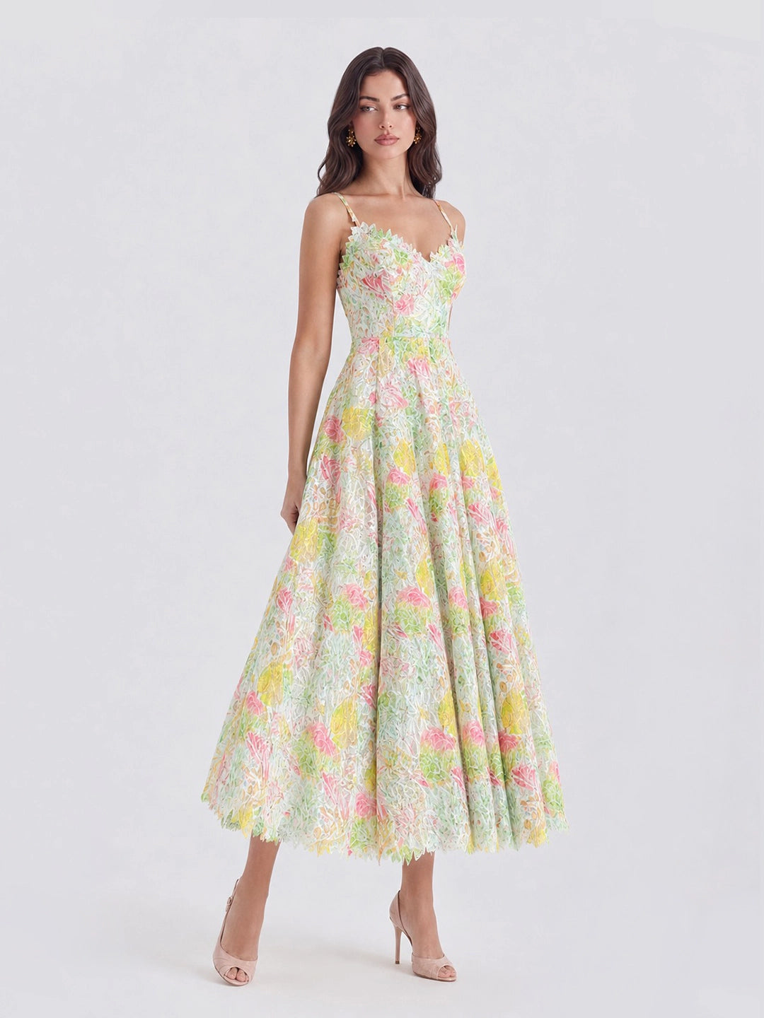 Watercolor Spaghetti Strap Eyelet Floral Midi Dress