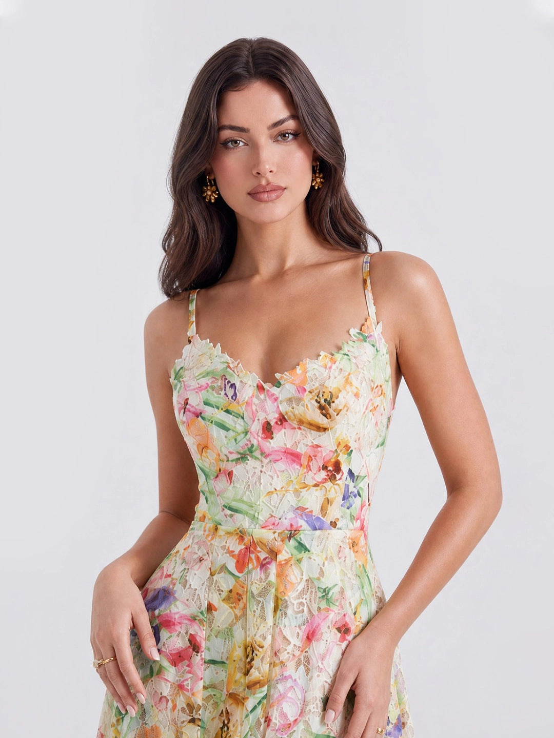 Watercolor Spaghetti Strap Eyelet Floral Midi Dress