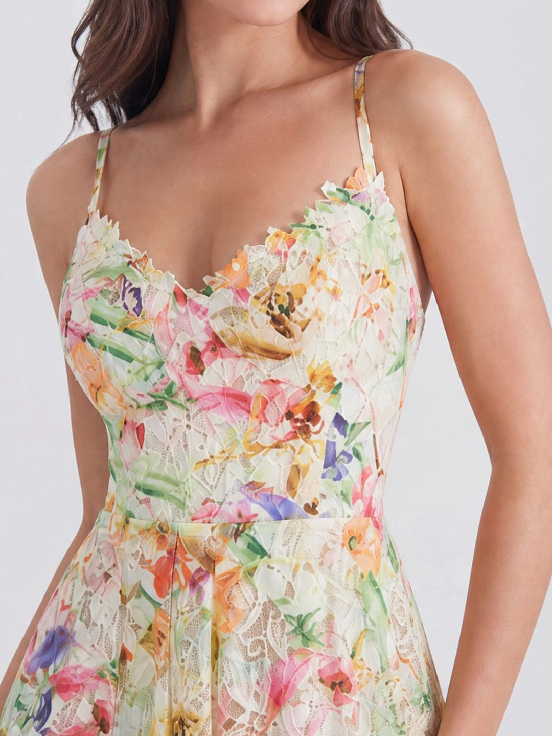Watercolor Spaghetti Strap Eyelet Floral Midi Dress