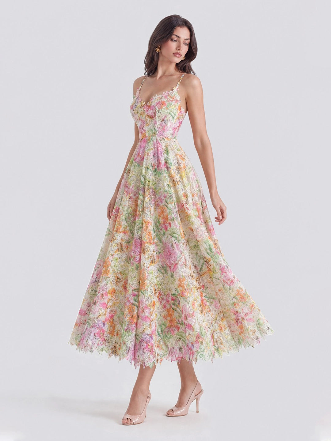 Watercolor Spaghetti Strap Eyelet Floral Midi Dress