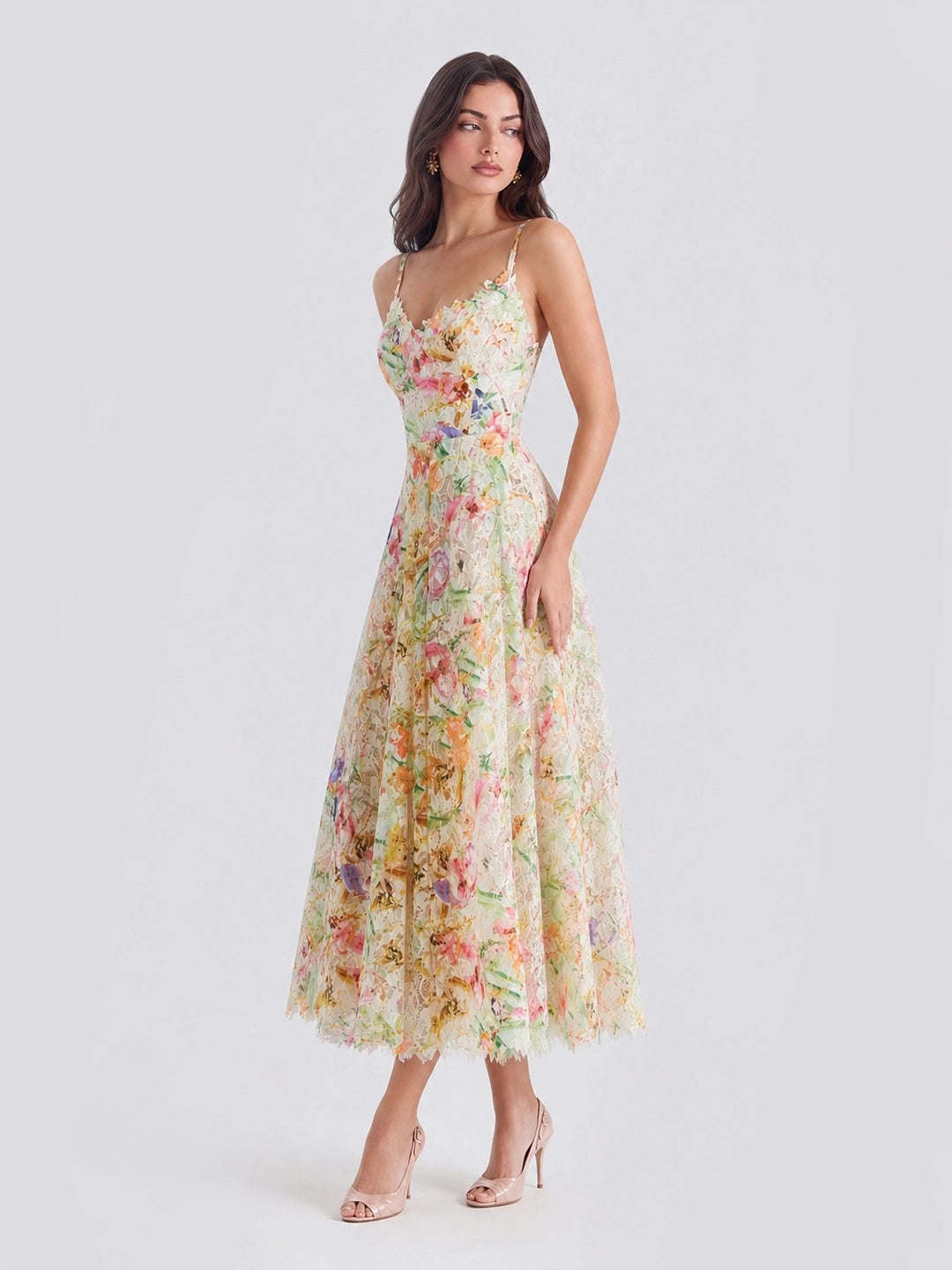 Watercolor Spaghetti Strap Eyelet Floral Midi Dress