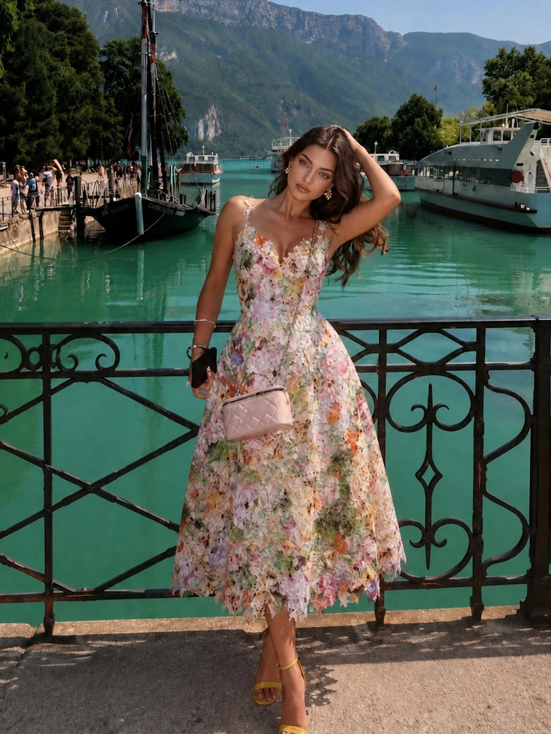 Watercolor Spaghetti Strap Eyelet Floral Midi Dress