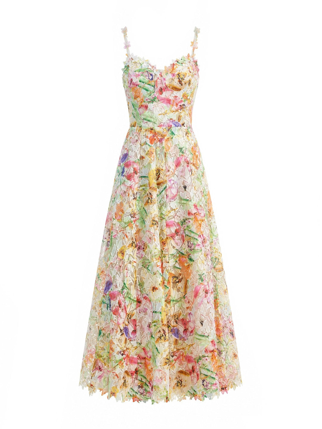 Watercolor Spaghetti Strap Eyelet Floral Midi Dress