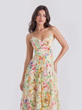 Watercolor Spaghetti Strap Eyelet Floral Midi Dress