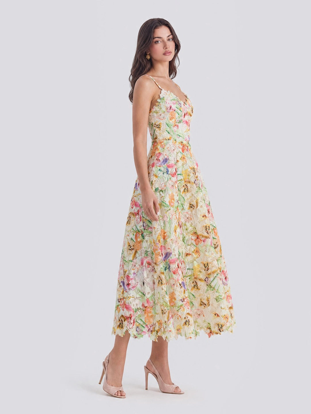 Watercolor Spaghetti Strap Eyelet Floral Midi Dress