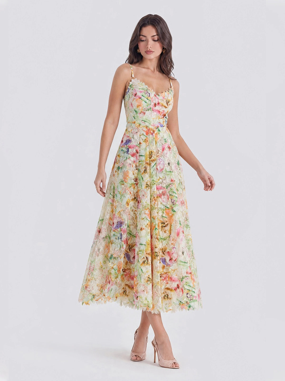 Watercolor Spaghetti Strap Eyelet Floral Midi Dress