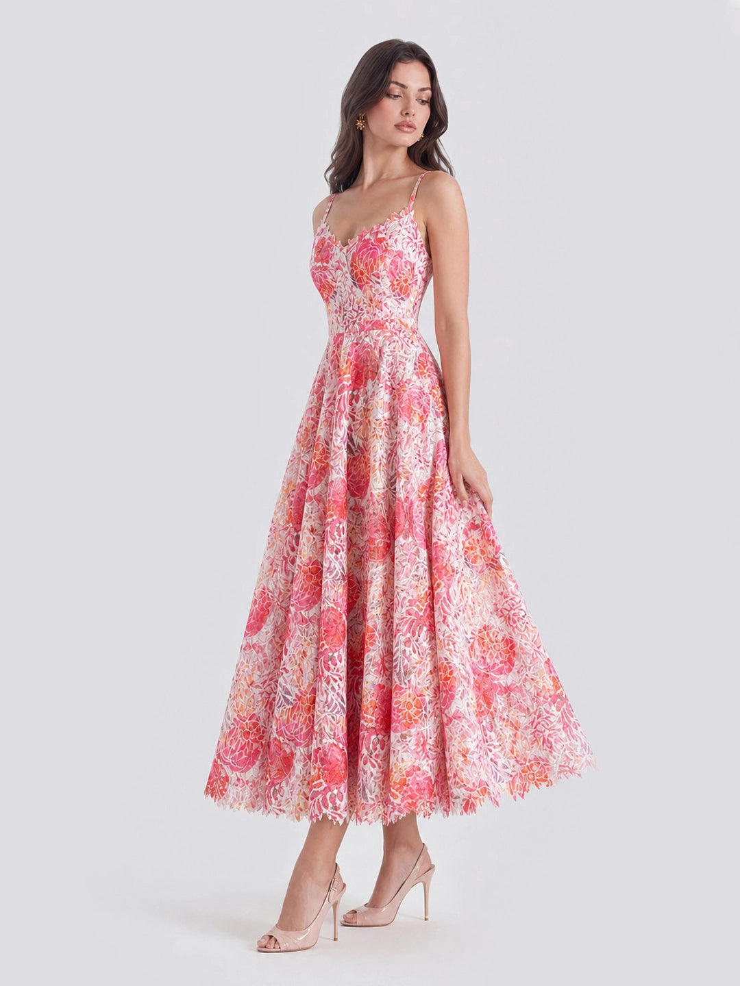 Watercolor Spaghetti Strap Eyelet Floral Midi Dress
