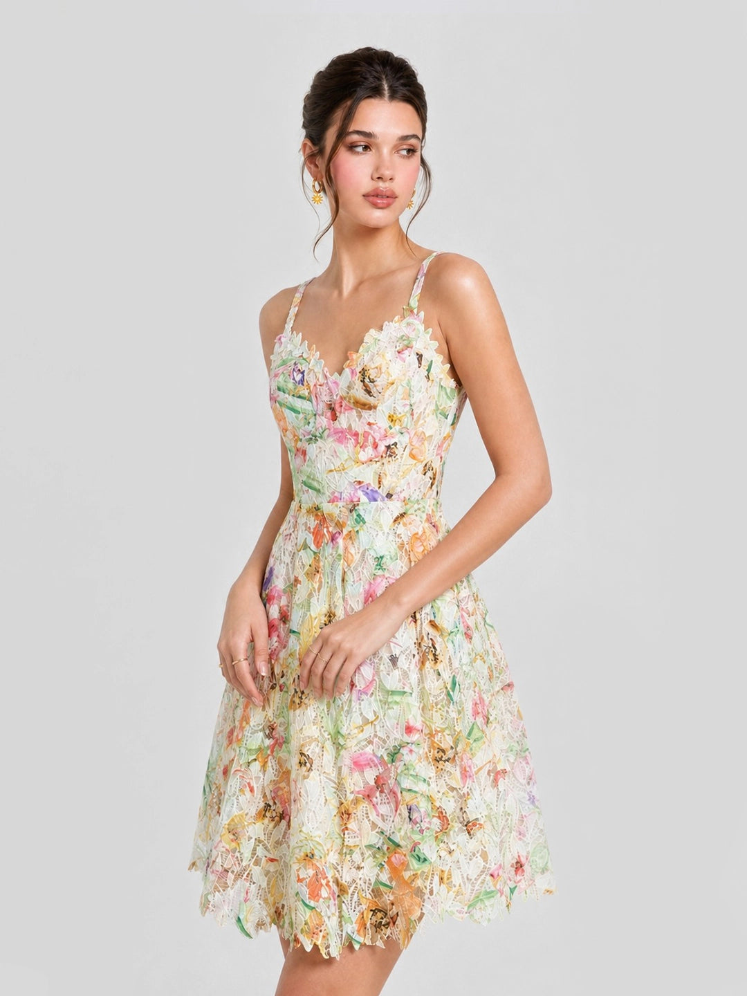 Watercolor Spaghetti Strap Eyelet Floral Mini Dress