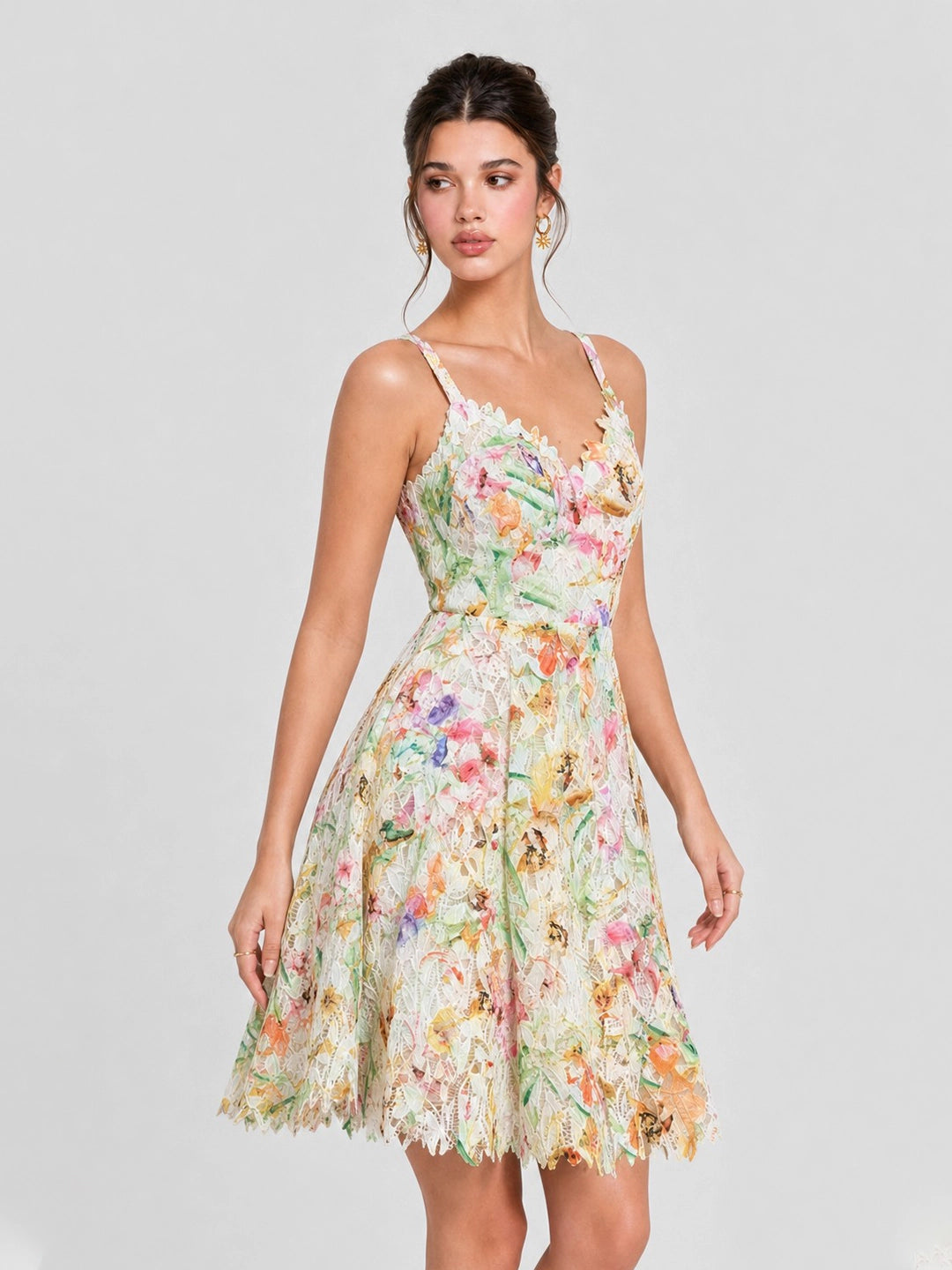 Watercolor Spaghetti Strap Eyelet Floral Mini Dress