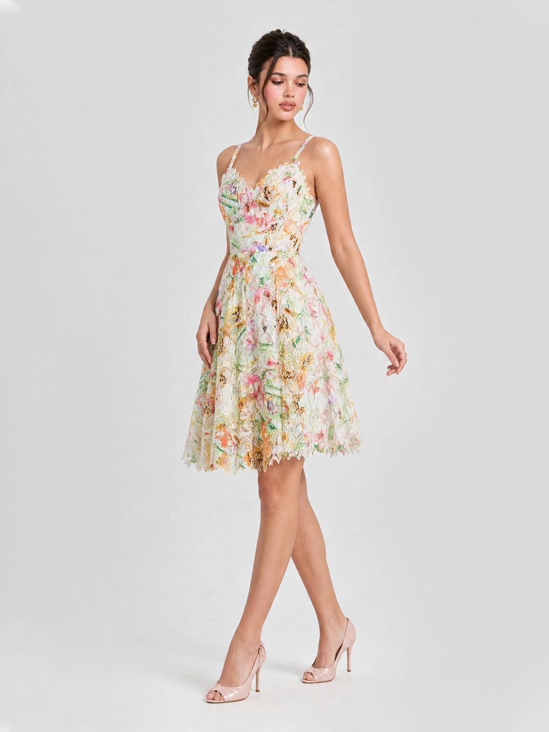 Watercolor Spaghetti Strap Eyelet Floral Mini Dress