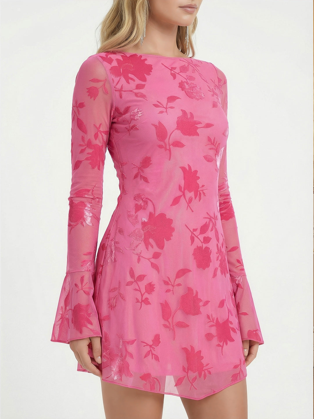 Whimsical Flared Sleeve & Backless Floral Tulle Mini Dress