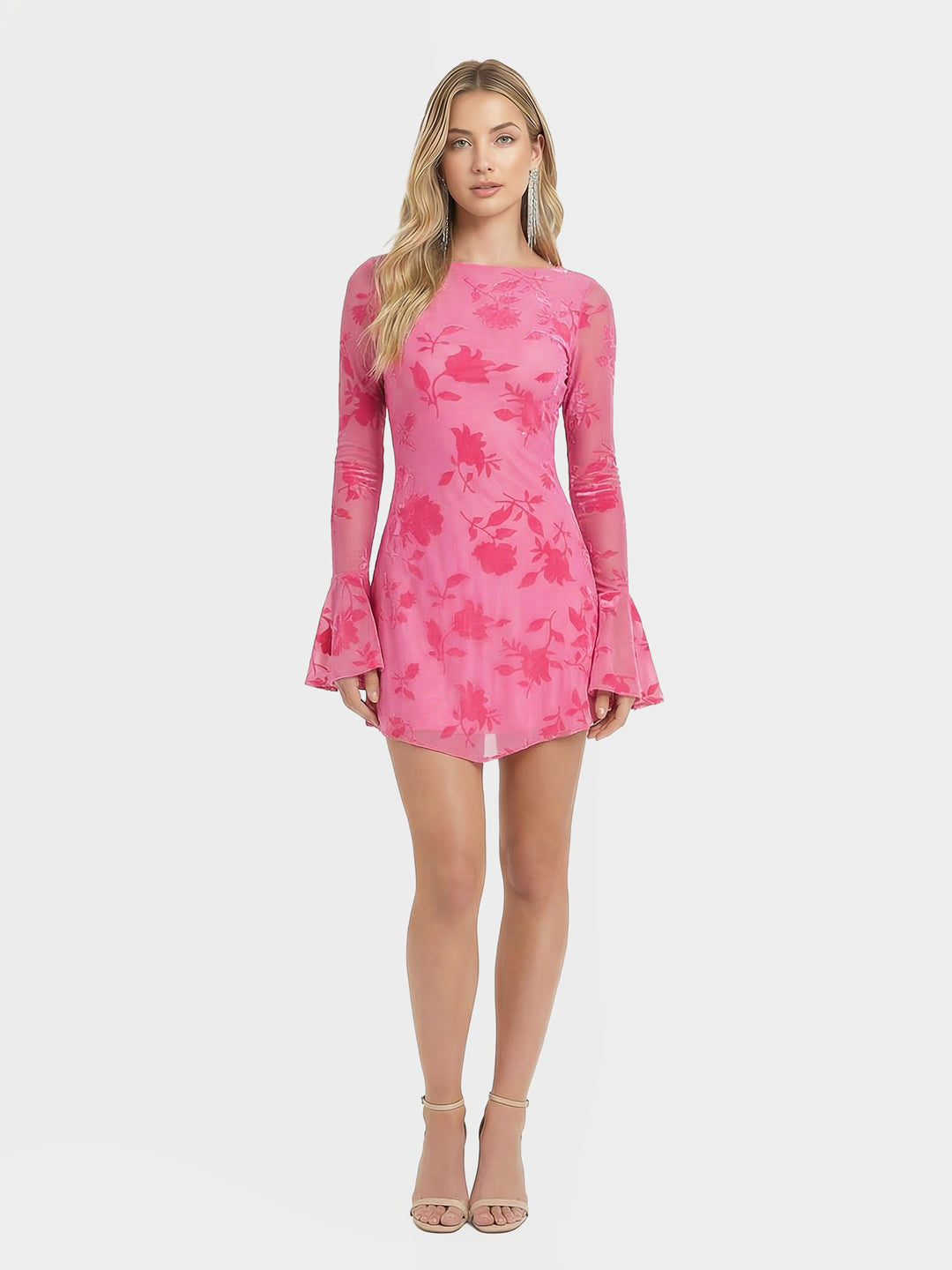 Whimsical Flared Sleeve & Backless Floral Tulle Mini Dress