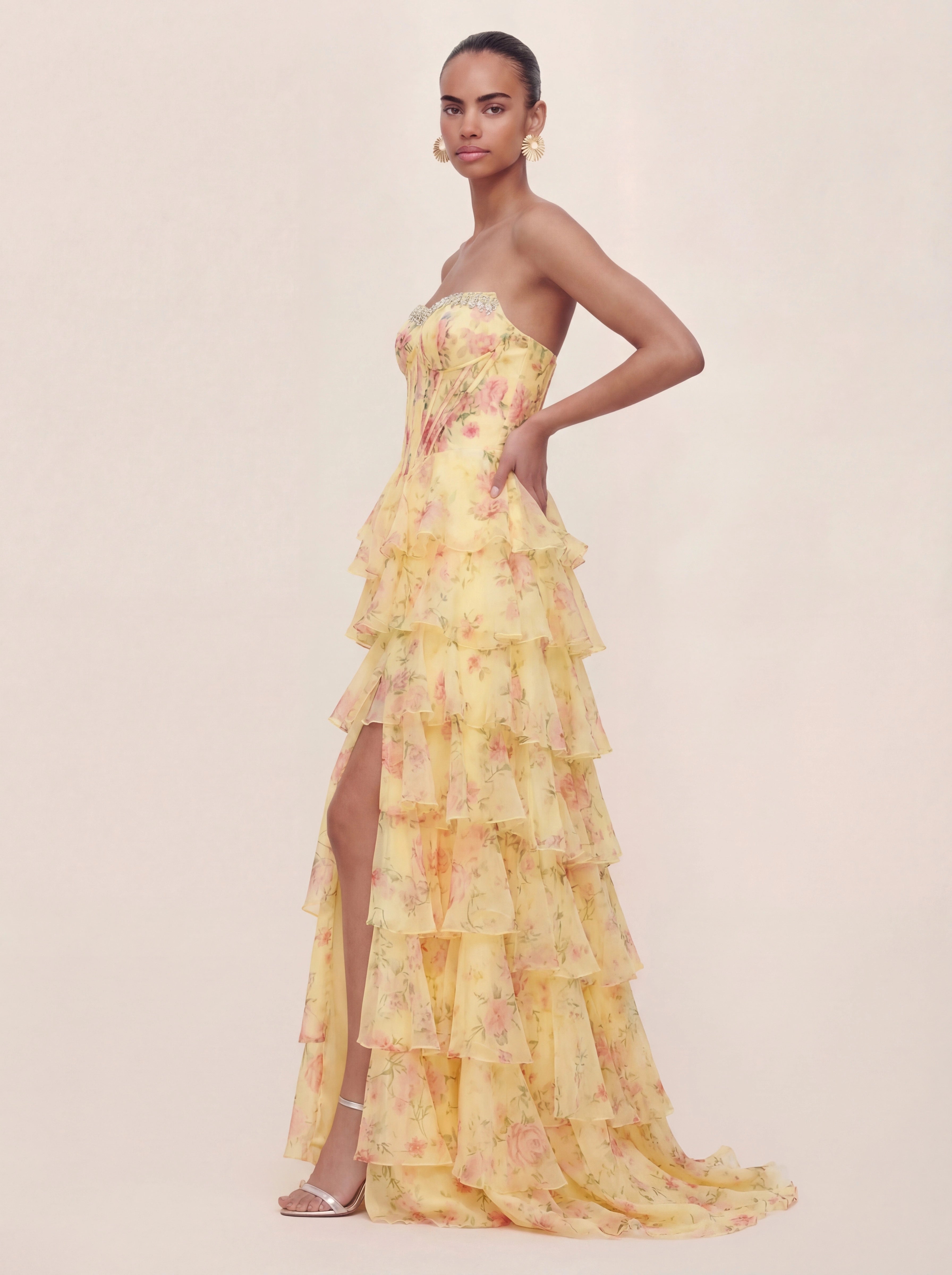 Floral Chiffon Bandeau Prom Gown