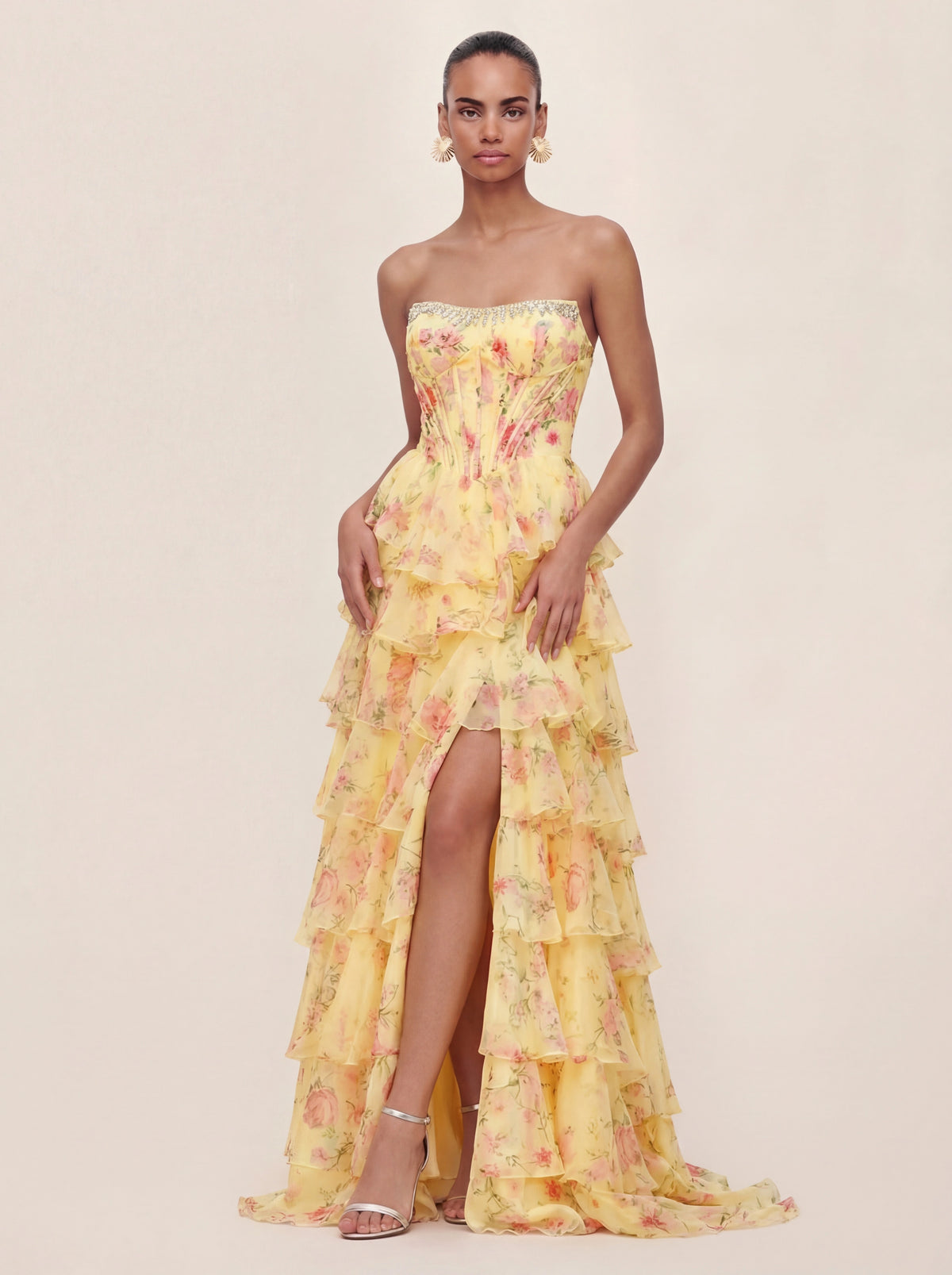 Floral Chiffon Bandeau Prom Gown