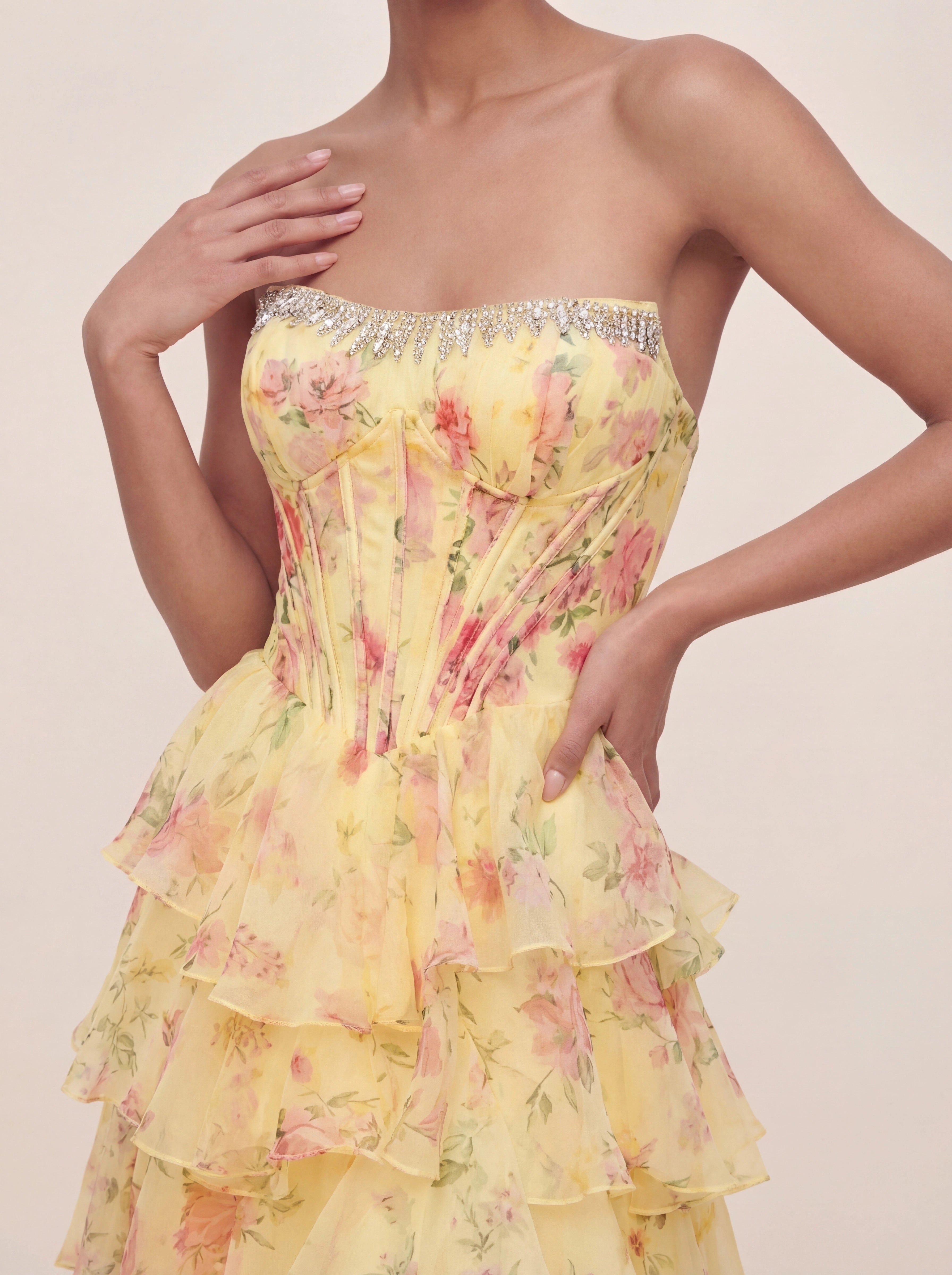 Floral Chiffon Bandeau Prom Gown