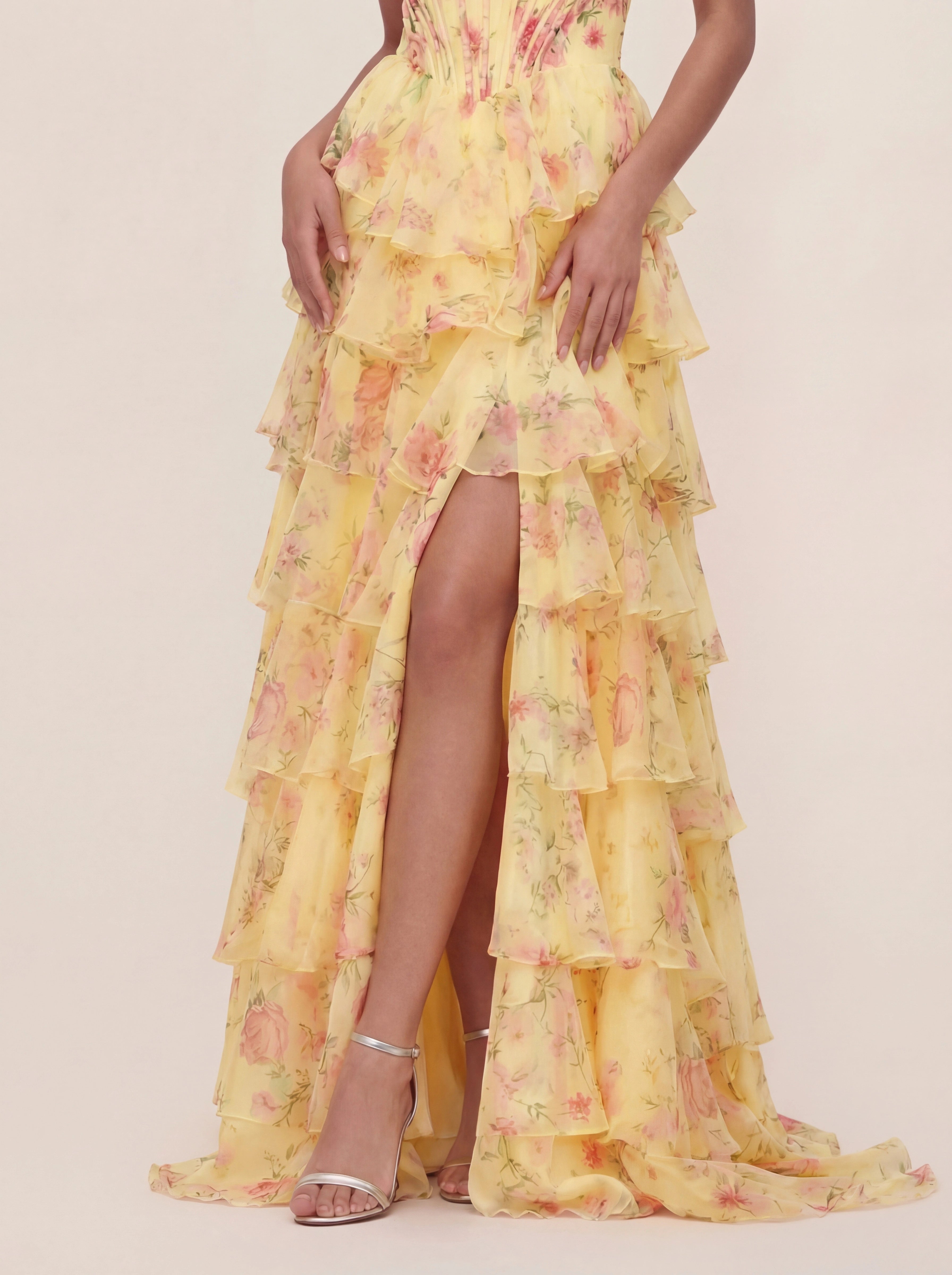 Floral Chiffon Bandeau Prom Gown