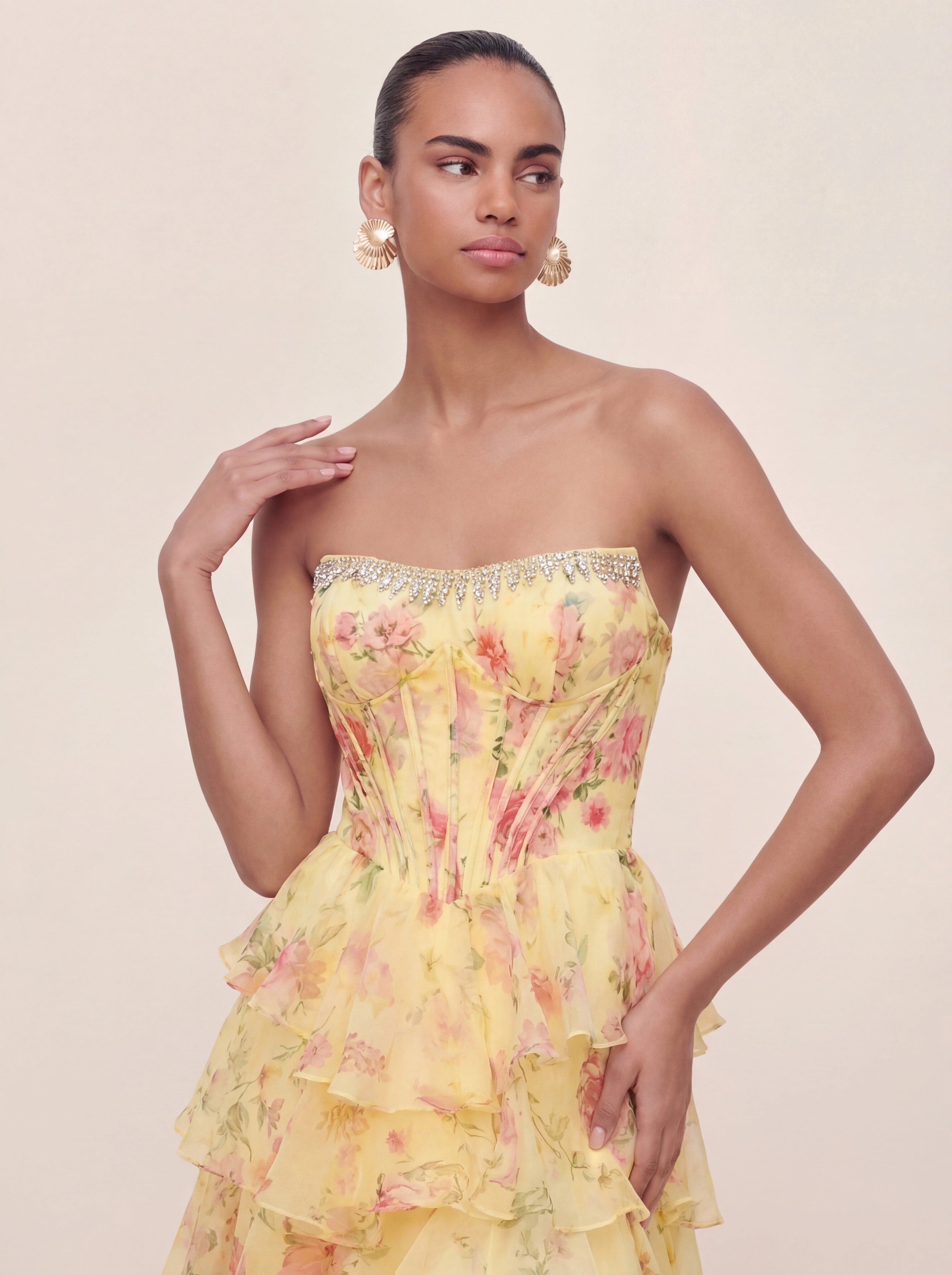Floral Chiffon Bandeau Prom Gown