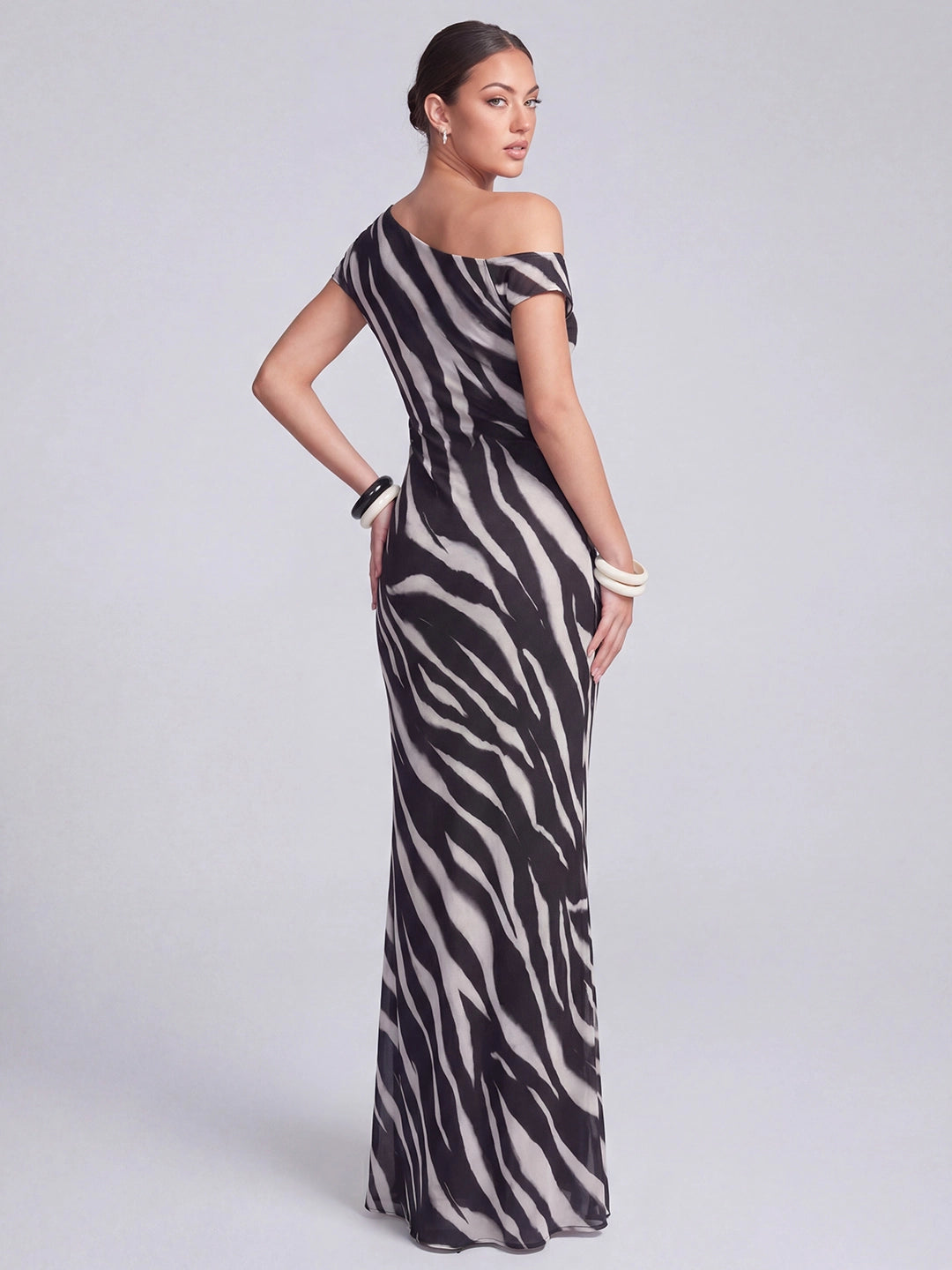 Zebra Printed Mesh Asym Neck Maxi Dress