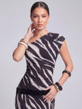 Zebra Printed Mesh Asym Neck Maxi Dress