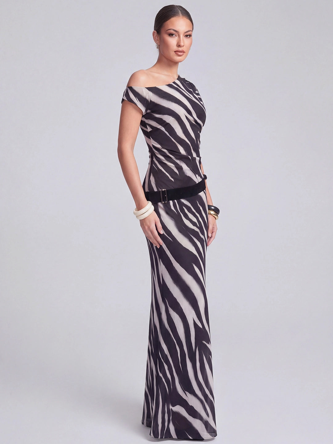 Zebra Printed Mesh Asym Neck Maxi Dress