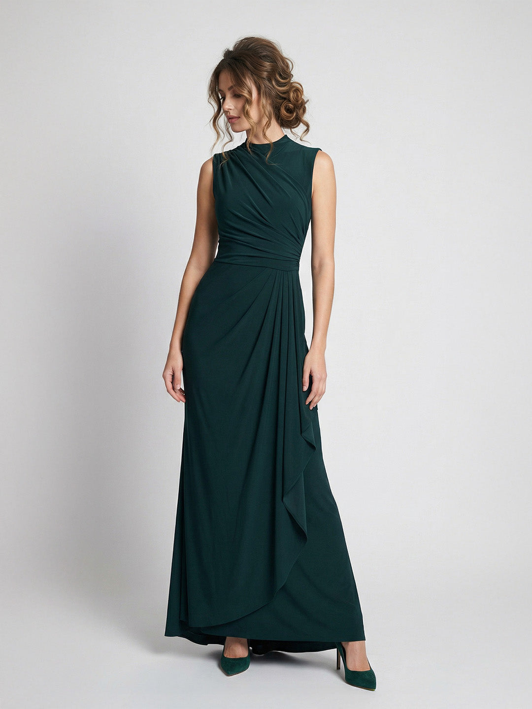 Luxurious High-Neck Ruched Draped Evening Gown