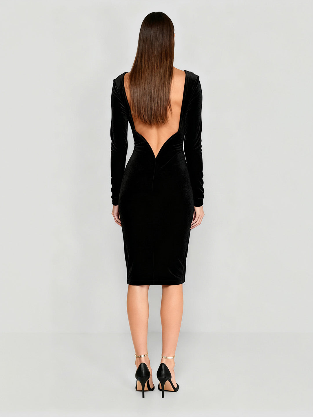 Velvet Backless Long Sleeve Midi Dress