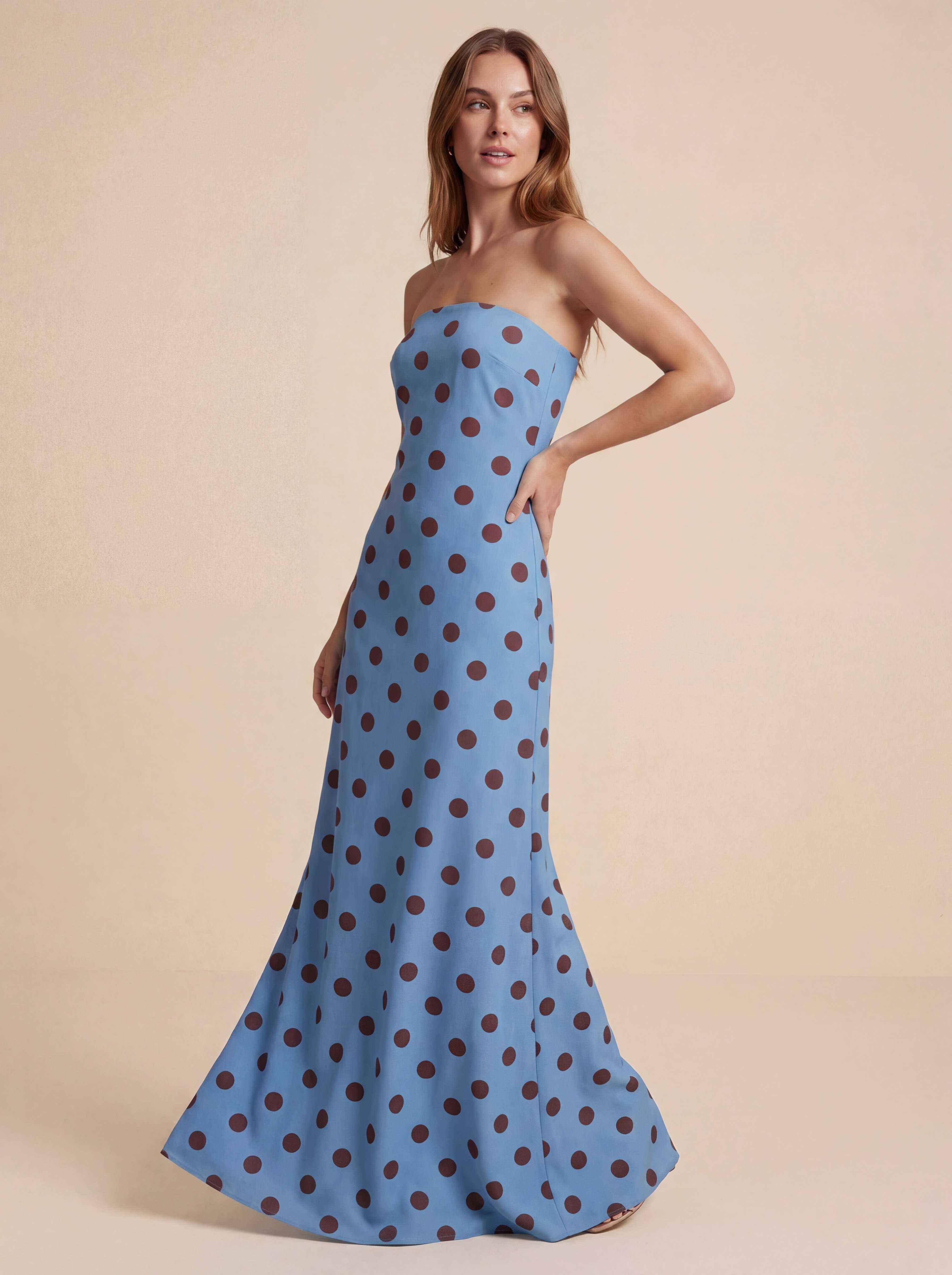 Strapless chiffon polka dot dress