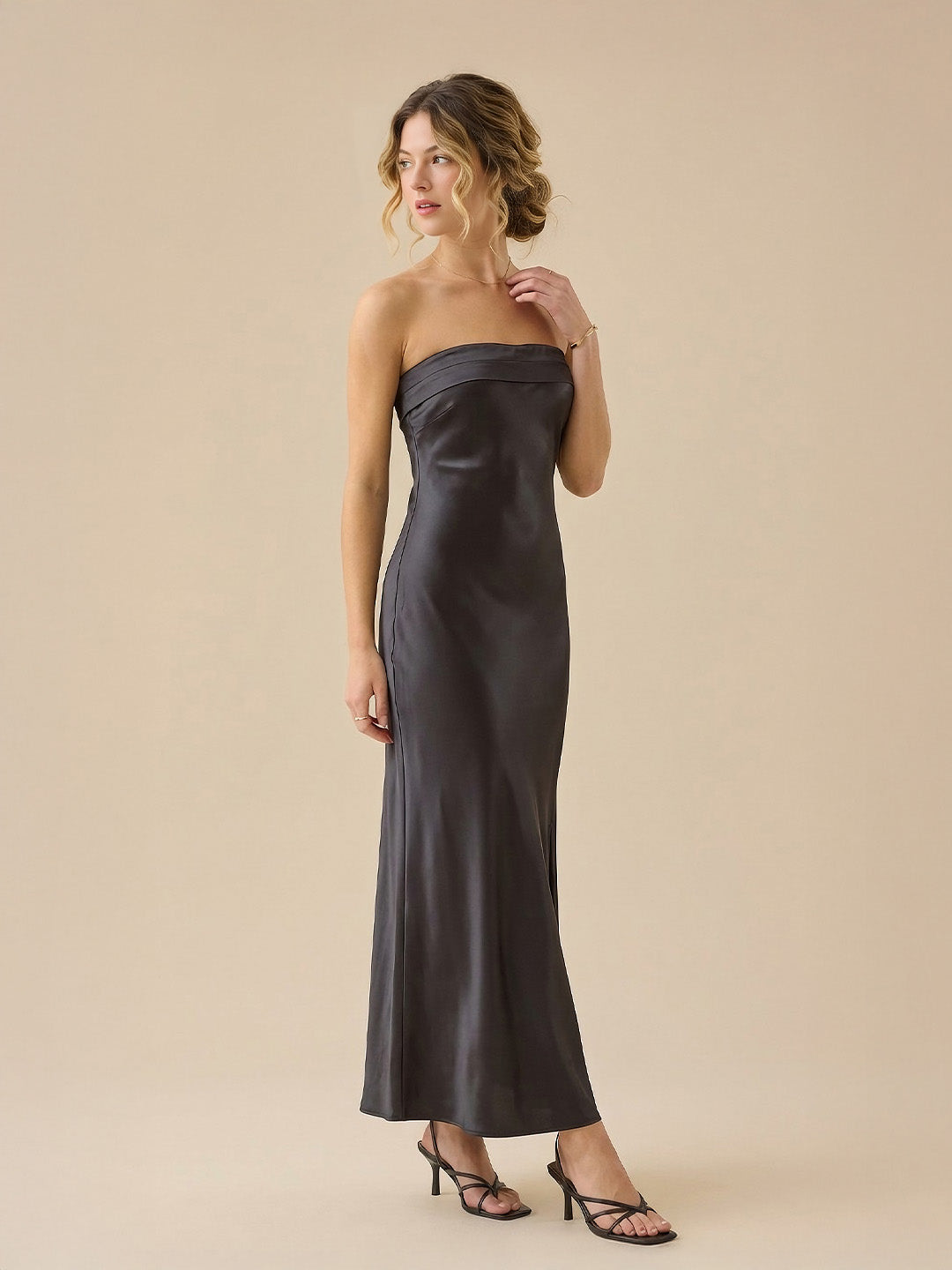 Sleek Strapless Bodycon Satin Maxi Dress