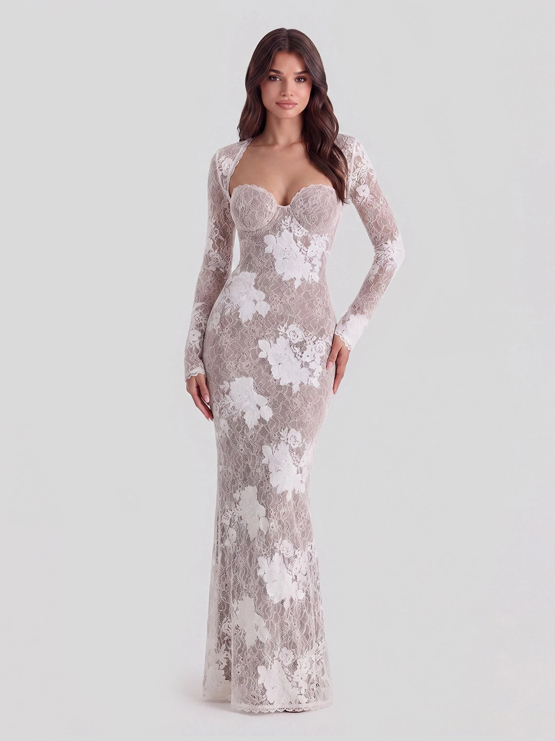 Floral Lace Mermaid Gown with Corseted Bodice