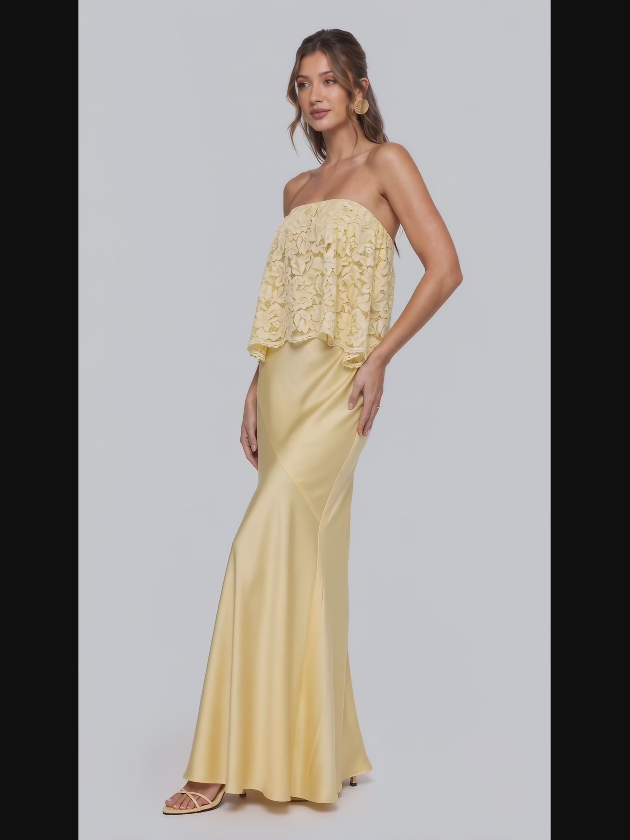 Lace Patchwork Satin Bandeau Maxi Dress